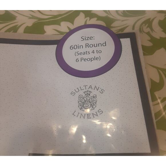 Sultan Linens Vinyl /Flannel BackTablecloth Round 60" Arugula Green/Cream - Picture 2 of 6
